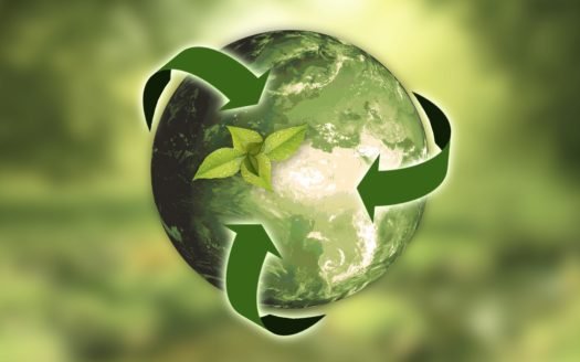 A green arrow circles a green planet with a faded green background for sustainability.