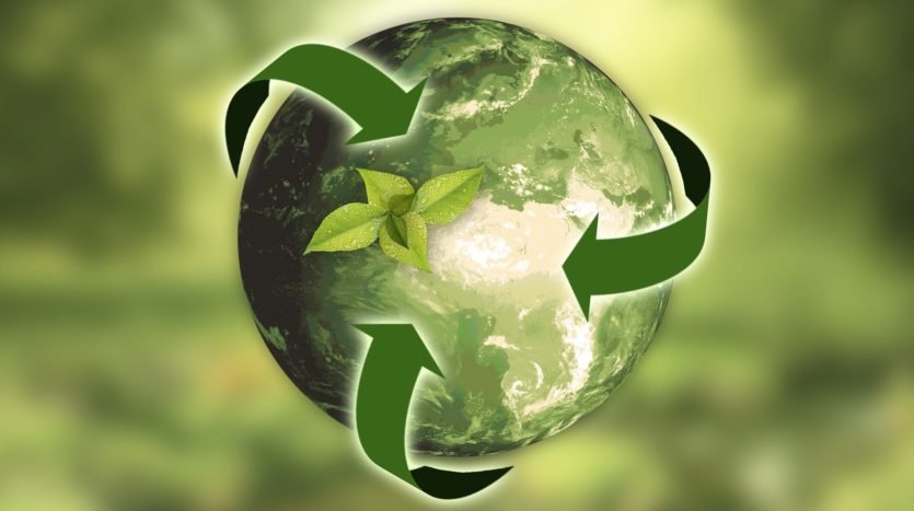 A green arrow circles a green planet with a faded green background for sustainability.